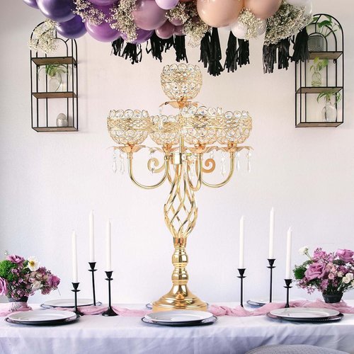 Elegant 5-Arm Candelabra | Crystal Pendant Centerpiece - 23.6 Inch Tall for Weddings & Home Decor