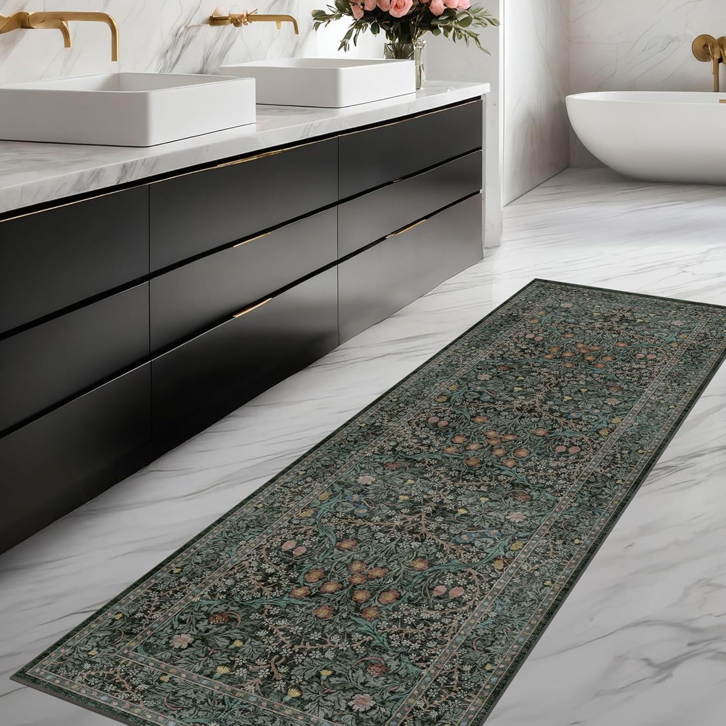Skiennix Dark Green 2x5 Runner Rug - Non-Slip & Washable Floral Boho Design for Indoor Use