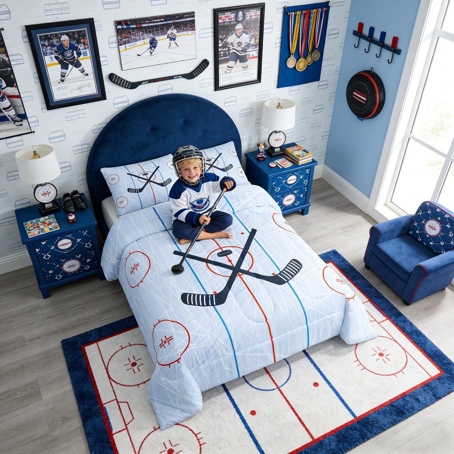 Ice Hockey Kids Comforter Set Twin Size,Hockey Stadium Rink Bedding Set,Boys Girls Adults Bedroom Decor,Winter Event Ball Games Lovers Down Comforter,Modern Stylish Duvet Insert,2pcs,1 Pillowcase