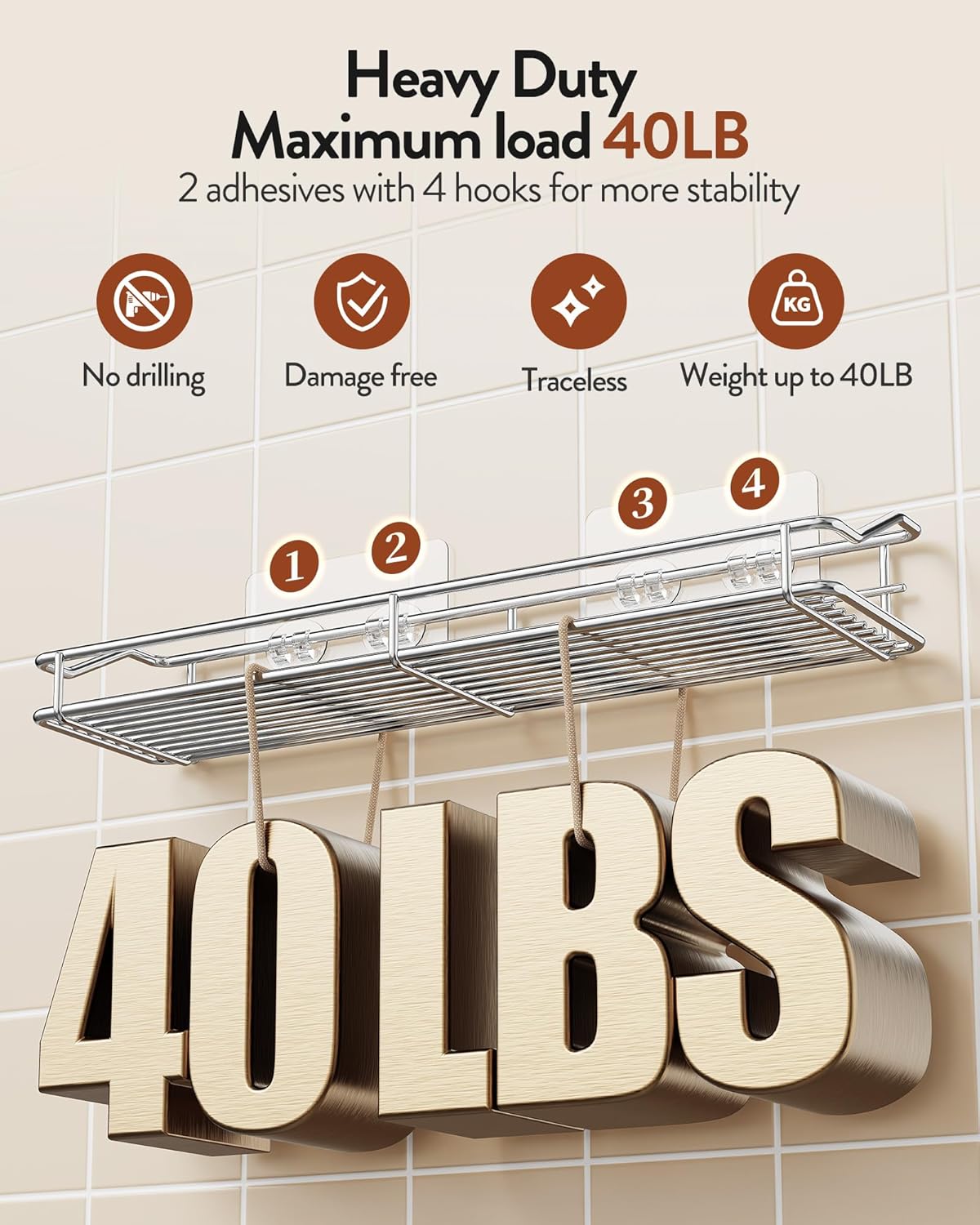 Orimade Bathroom Shelf Organizer - No-Drill Shower Caddy with Traceless Adhesive | 15.75 Inch Silver SUS304 Stainless Steel