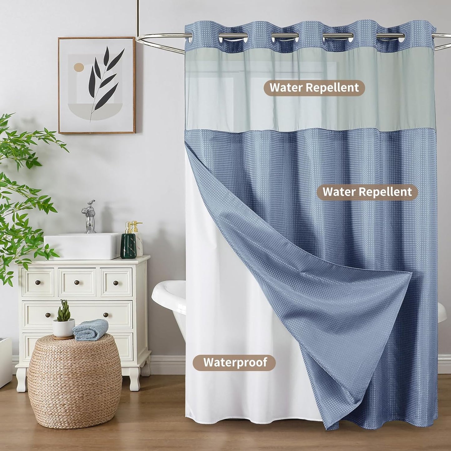 Skiennix No Hook Shower Curtain - Heavy Duty Waffle Weave with Mesh Top Window | 72 x 75 Inch, Moonlight Blue