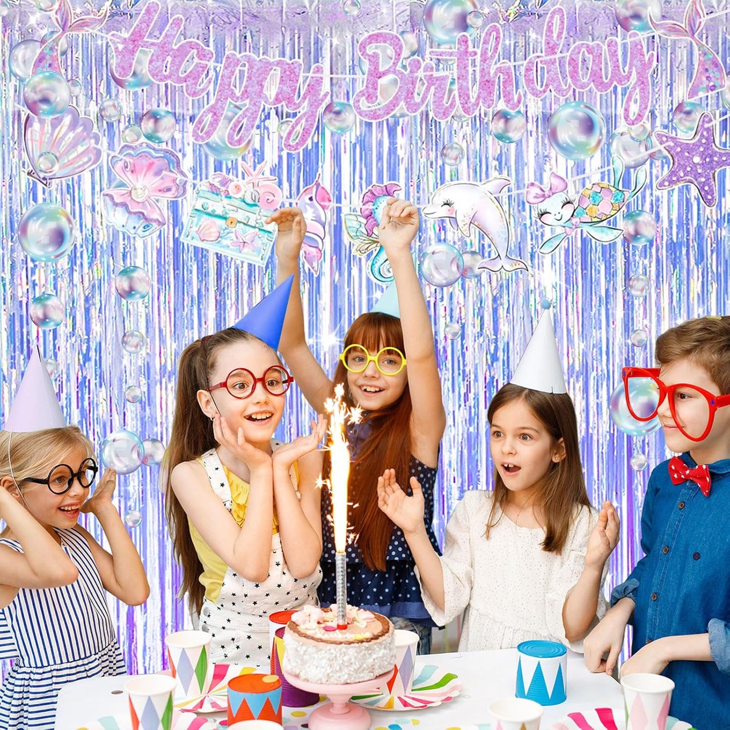 Skiennix Iridescent Party Streamers - Tinsel Foil Fringe Curtains & Colorful Bubble Garlands | Ocean Party Decor