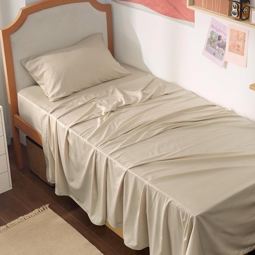 Bedsure Cooling Twin XL Sheets - Breathable Rayon from Bamboo, Soft & Luxurious, Deep Pocket Up to 16 Inches, Beige