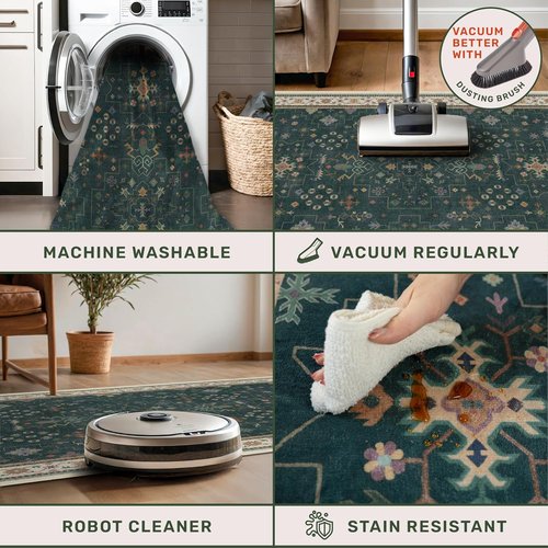Hazo Haus Vintage Dark Green 6x9 Area Rug - Washable Floral Design for Dining & Living Rooms