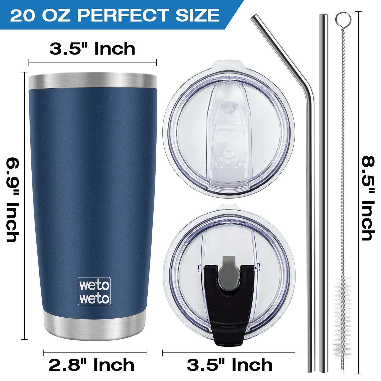 WETOWETO 20oz Tumbler with 2 lids and 2 straws, Stainless Steel Vacuum Insulated Water Coffee Tumbler Cup, Double Wall Powder Coated Spill-Proof Travel Mug Thermal Cup (Navy Blue, 1 Pack)