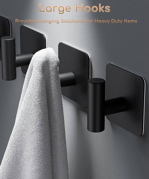 Aikzik 4 Pack Heavy Duty Wall Hooks - 26lb Max Stainless Steel Adhesive Towel & Coat Hooks | Matte Black