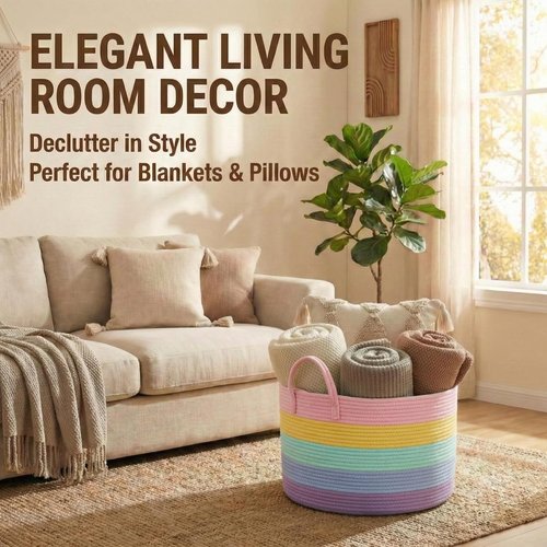 JMvicyroam 65L Extra Large Blanket Basket - Woven Cotton Rope Laundry Hamper with Reinforced Handles | Machine Washable Rainbow Storage Bin for Pillows, Comforters & Toys