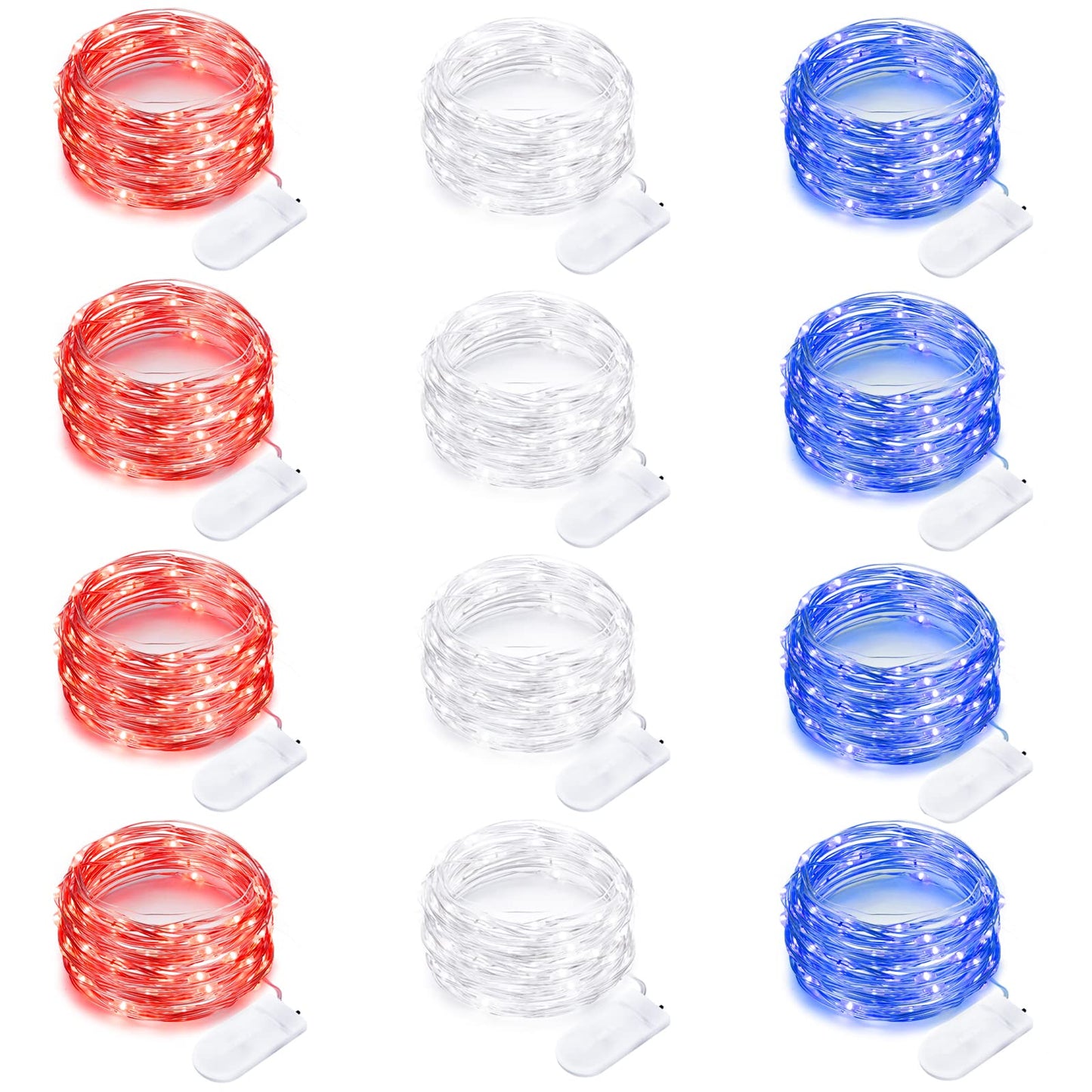 12 Pack 4th of July Lights 7 Feet 20 Led Waterproof Red White and Blue Lights Silver Wire Firefly Starry Moon Lights for Bedroom Independence Day Fouth of July Decor (Red & White & Blue)