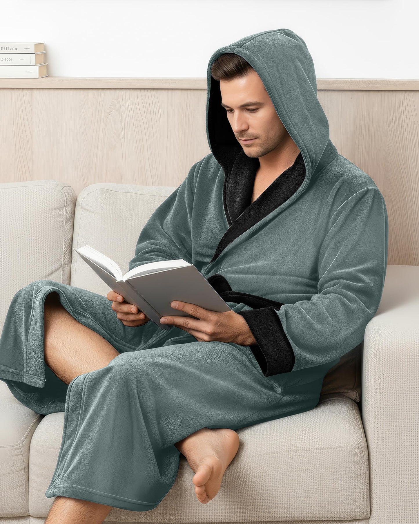 NY Threads Mens Robe with Hood, Luxury Plush Fleece Hooded Mens Bathrobe, Spa Bath Robe for Men, Small/Medium, Steel Grey and Black