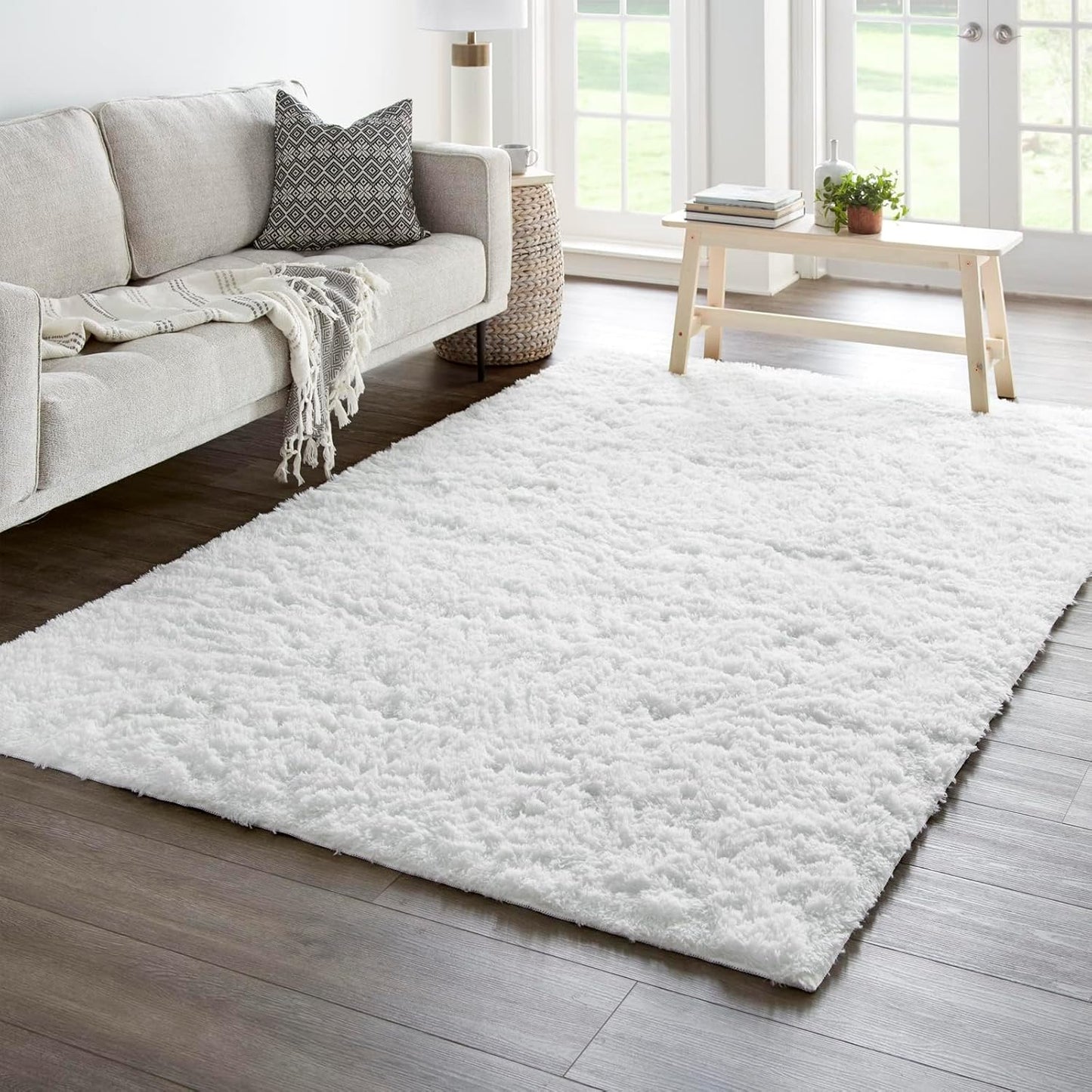 Ophanie 5x8 White Area Rug - Fluffy Plush Shaggy Carpet for Living Room & Bedroom Decor