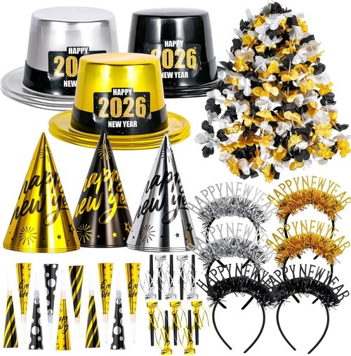 Atonofun New Year’s Eve Party Supplies - 48 Pcs for 20 Guests | Hats, Horns, Headbands & More