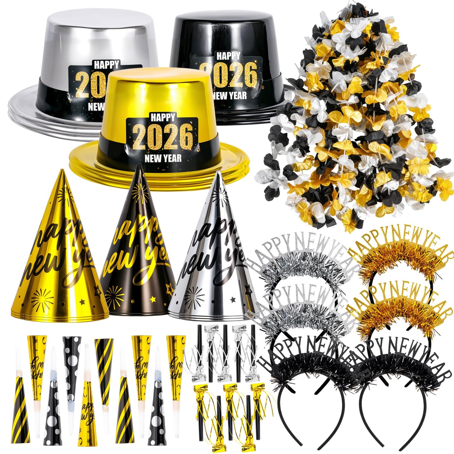 Atonofun 2026 New Years Eve Party Supplies for 20 Guests, 48 Pcs New Year Eve Party Hats and Horns, Headband, Tattoos, Blowouts, Leis 2026 New Year Party Favors