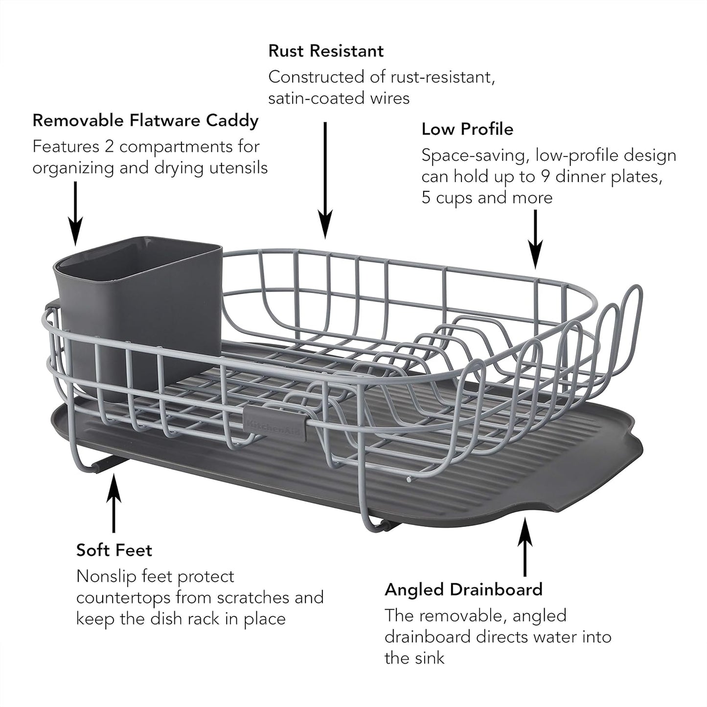 KitchenAid Low Profile Dishrack - Durable Carbon Steel Design | Charcoal Color