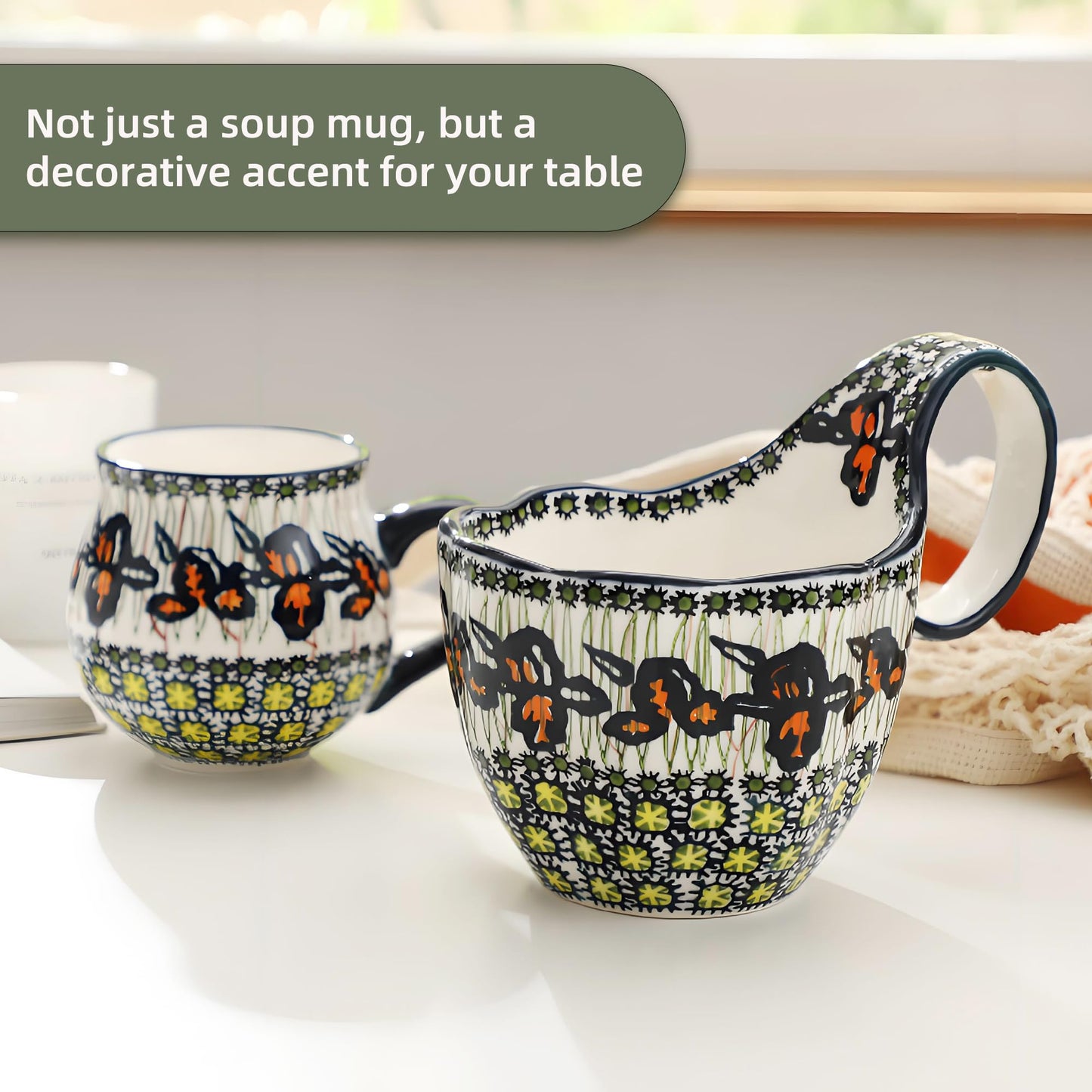 ALMA Ceramic Soup Bowls With Handles, 18oz Microwavable Large Loop Handle Mugs, Decorative Handpainted Floral Soup Bowl For Cereal, Oatmeal, Chili, Snack,Fruits,Ice cream-Orange Irene Theme