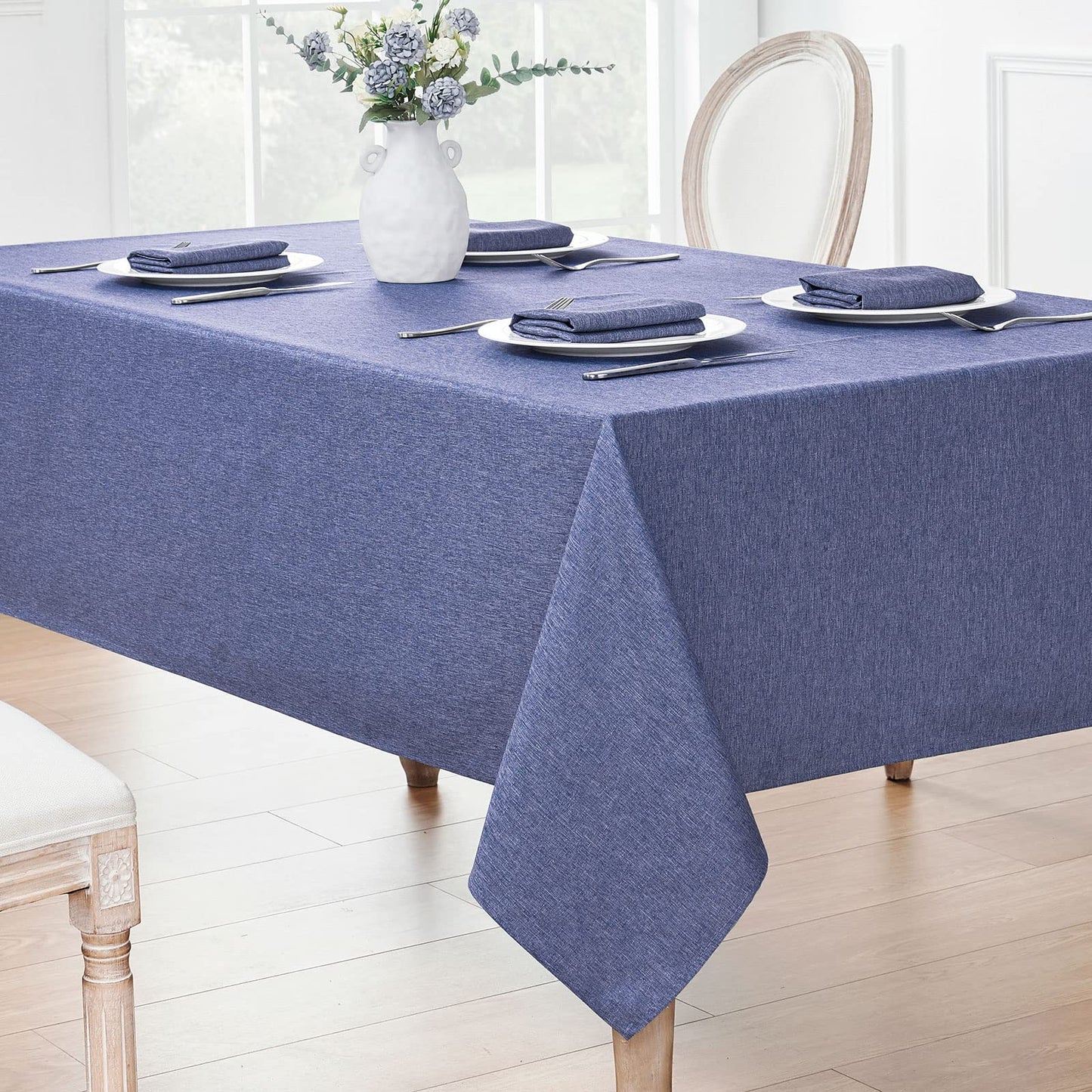 Veblandy Rectangle Tablecloth Linen Textured Waterproof & Stain Resistant Table Cloth Wrinkle Free Decorative Fabric Farmhouse Table Cover for Dining/Party/Buffet/Wedding, 60 x 144 Inch, Demin Blue
