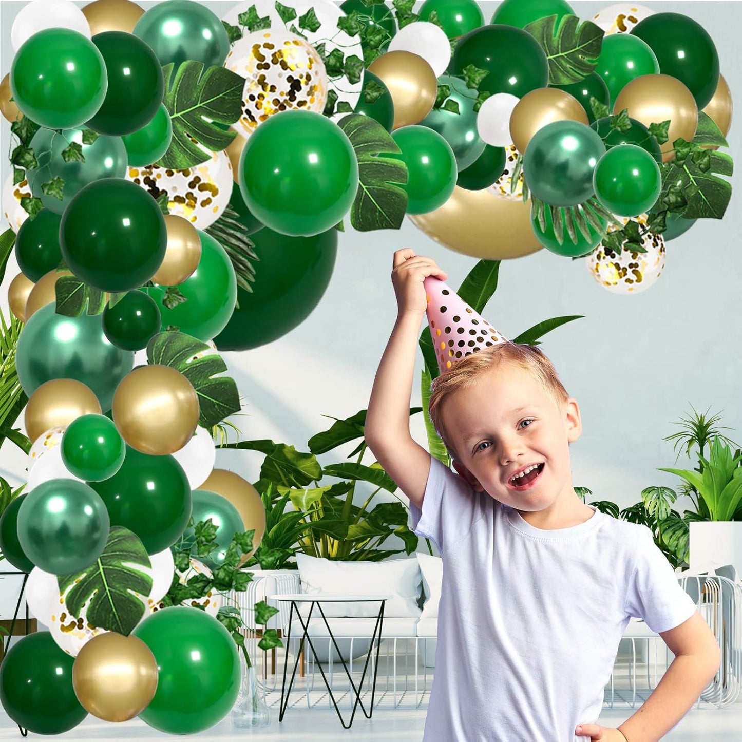 RUBFAC Jungle Balloons Garland Arch Kit - 152pcs Green & Gold Safari Decorations for Wild One Birthday