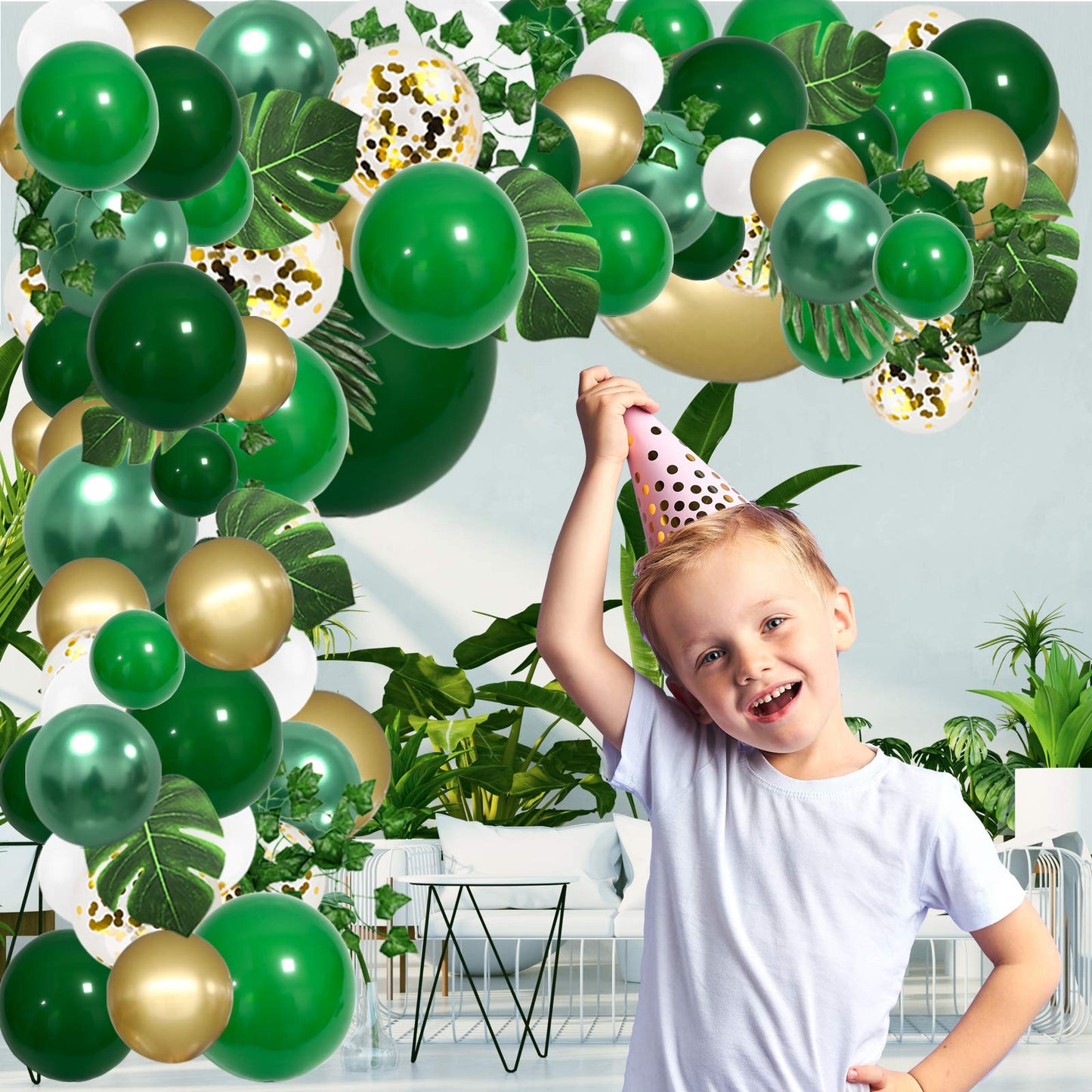 RUBFAC 152pcs Jungle Balloons Garland Arch Kit, Green Gold Balloon Arch, Safari Balloons Dinosaur Party Decoration with Artificial Palm Leaves for Animal Wild One Birthday Baby Shower Supplies