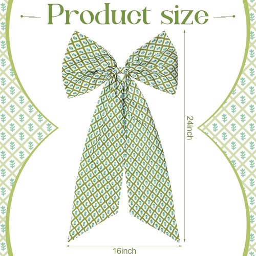 HunnmingRe Christmas Wreath Sash - 2 Pcs Green Block Print Bow | 24 x 16 Inch Indoor/Outdoor Decor