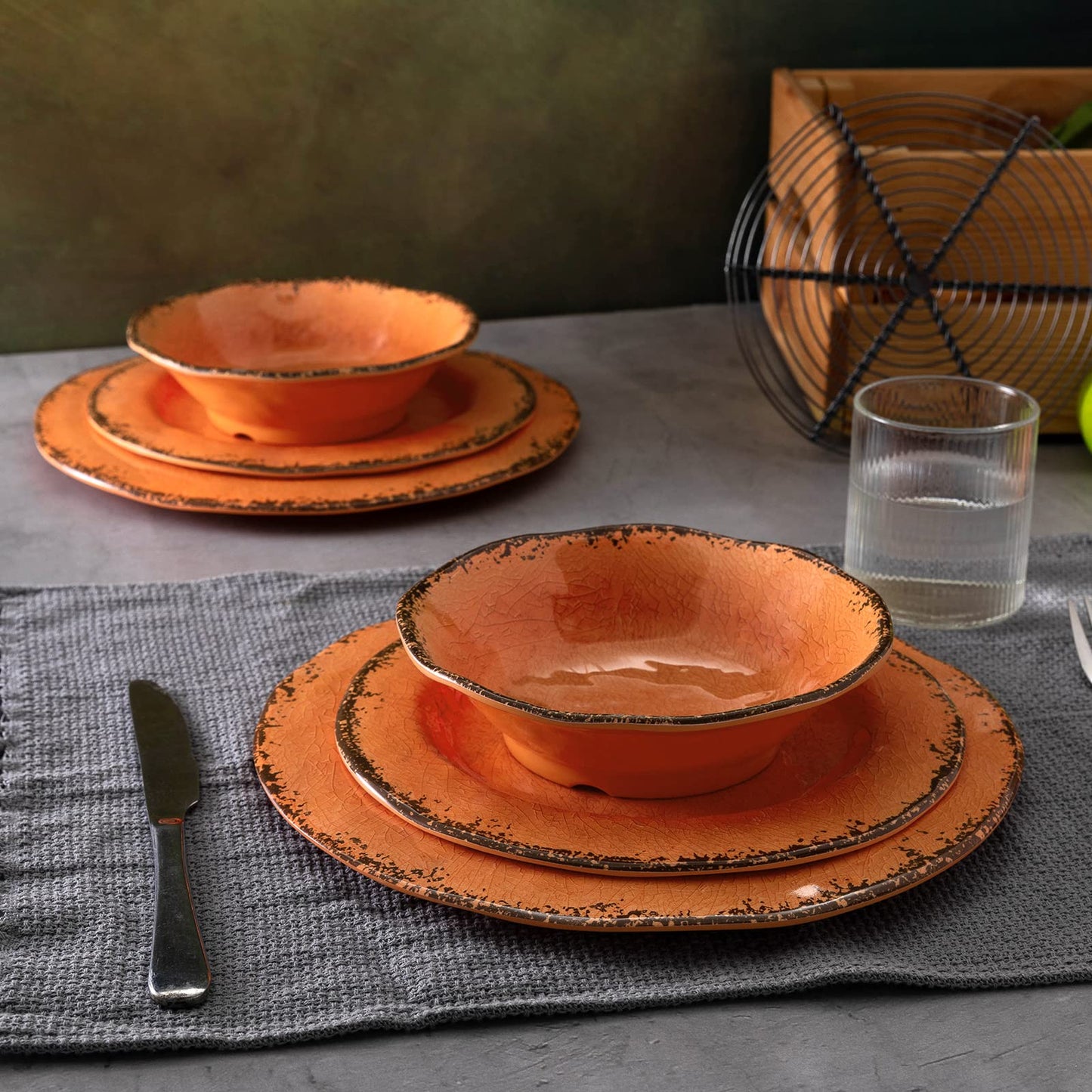 LEHAHA Melamine Salad/Dessert Plates, Crackled Design Plates Set of 6, 9 inch Small Dinner Plates, Modern Rustic Kitchen Serving Dishes for Party, Picnic and Camping Use, Orange