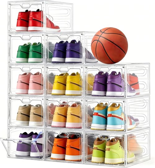 INSTY Large Shoe Storage Box - 12 Pack Clear Organizer with Magnetic Door | Stackable Design for Sneakers, Fits US Size 12