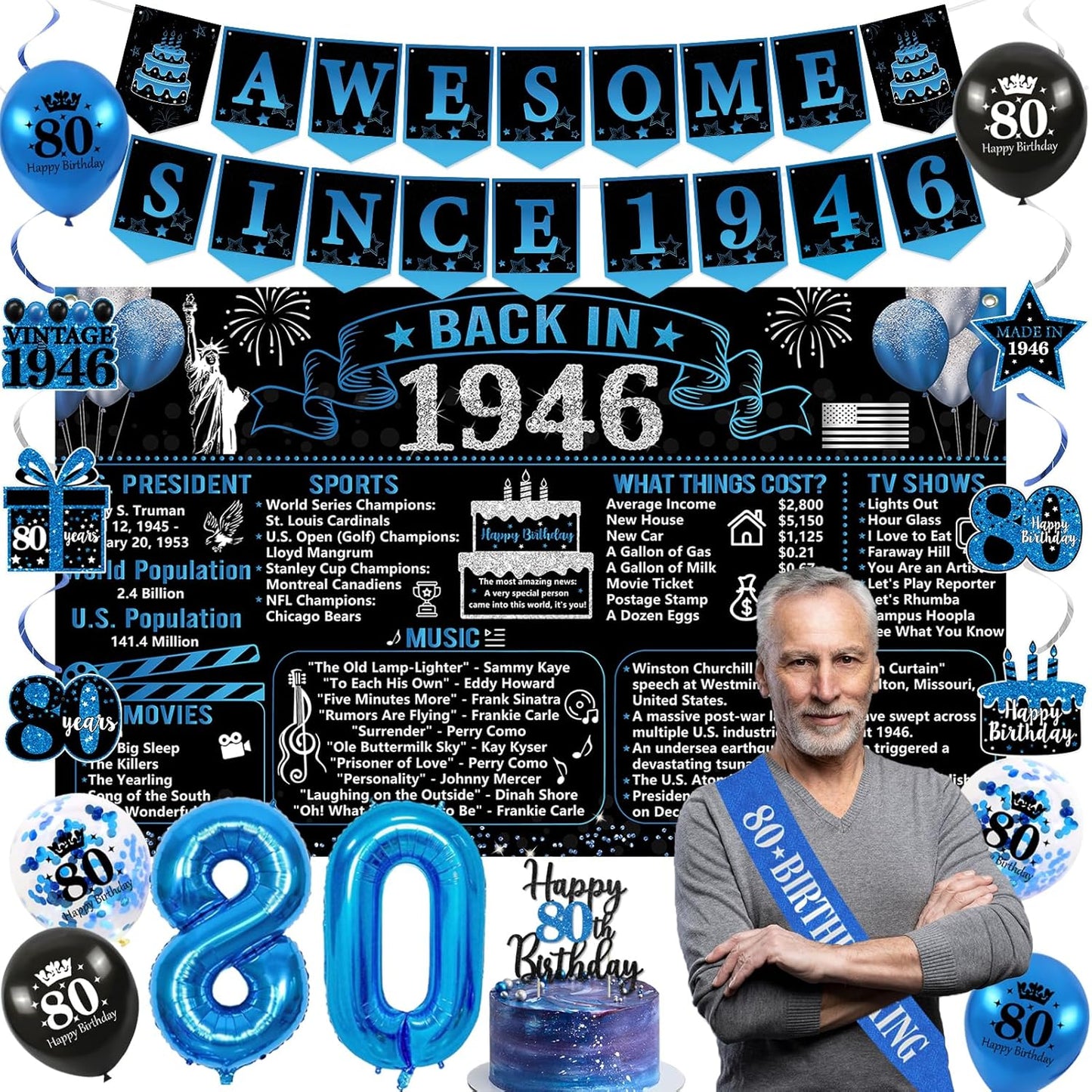 Trgowaul 80th Birthday Decorations - 20PCS Black and Blue Party Supplies Set with Banner, Sash, Cake Topper & Balloons