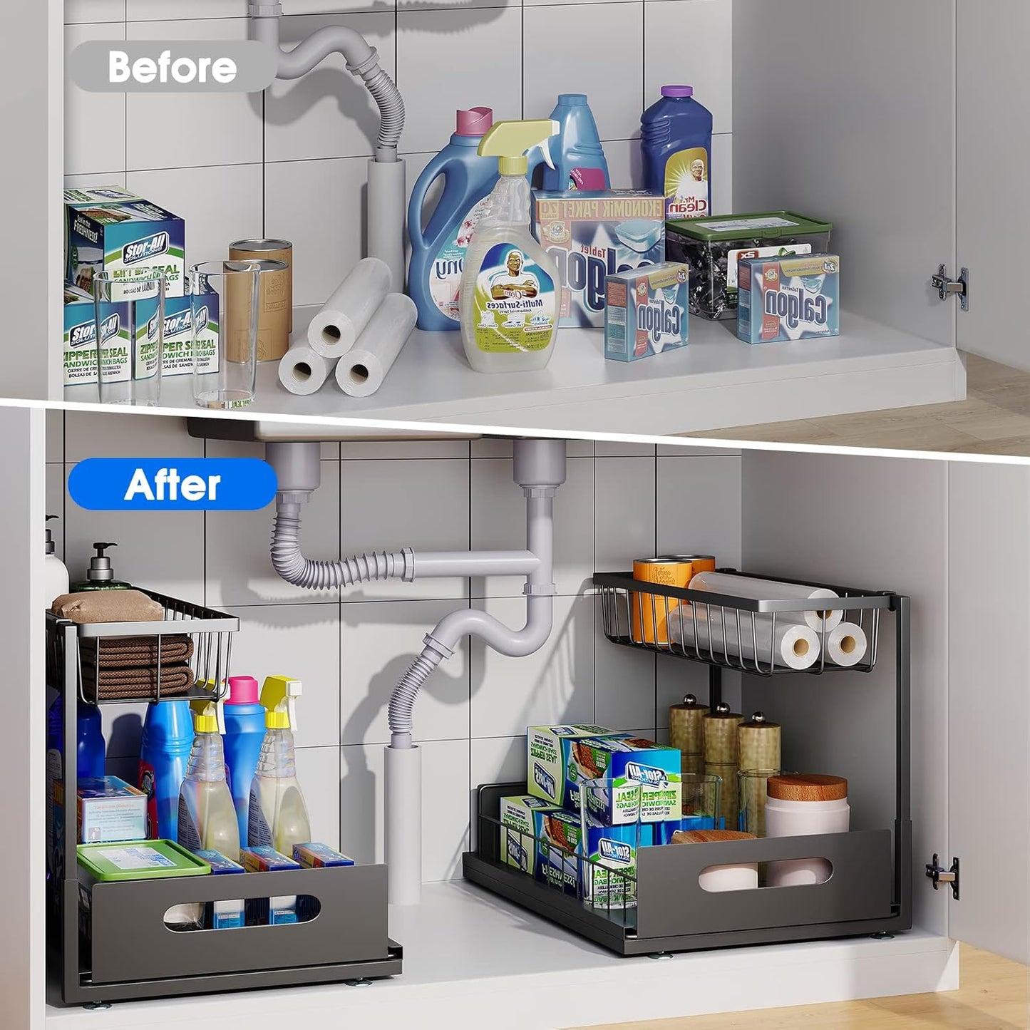 Under Sink Organizer - Skiennix 2-Tier Pull-Out Cabinet Storage Shelf | Rust-Resistant Metal, Easy No-Tools Installation, Black