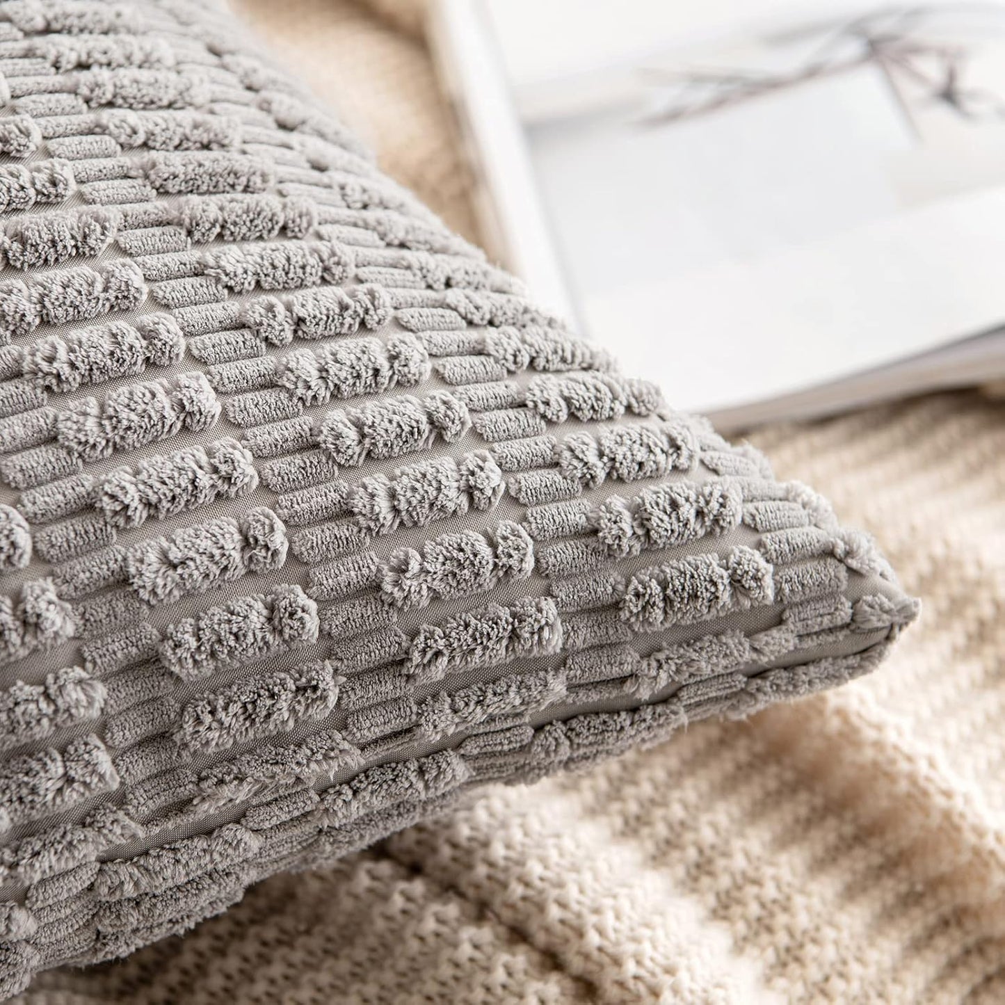 MIULEE Corduroy Throw Pillow Covers - Soft Boho Striped Design | 16x16 Inch Light Grey Decor