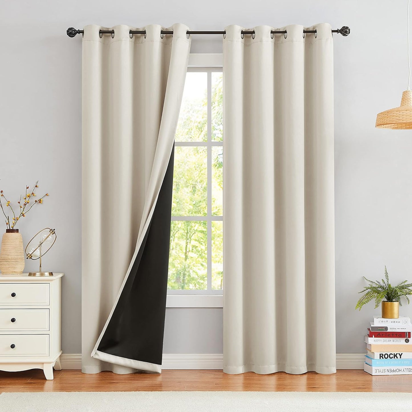 Urban Lotus Ivory Blackout Curtains - Thermal Insulated Room Darkening Drapes | 84" Length, 2 Panels