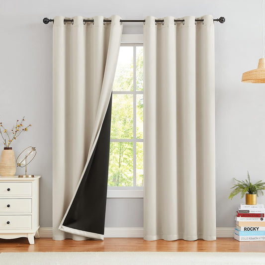 Urban Lotus Ivory Blackout Curtains - Thermal Insulated Room Darkening Drapes | 84" Length, 2 Panels