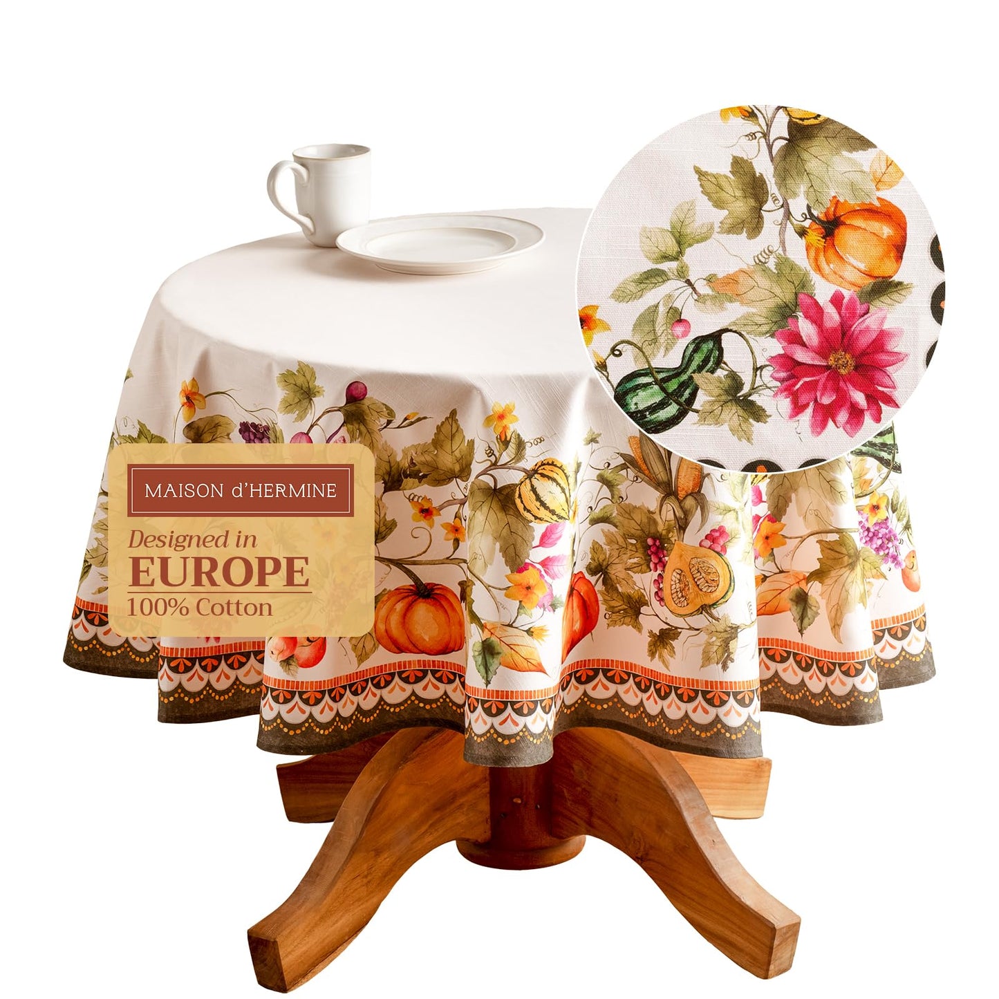 Maison d' Hermine Table Cloth Round Table 100% Cotton 63 Inches Fall Tablecloth Reusable Everyday Use for Thanksgiving Christmas Decorations Dining Farmhouse Party (Pumpkin Garden - Cloudy Cream)
