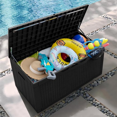 Greesum 100 Gallon Resin Patio Storage Box - Ideal for Garden Tools & Outdoor Furniture Cushions | Black