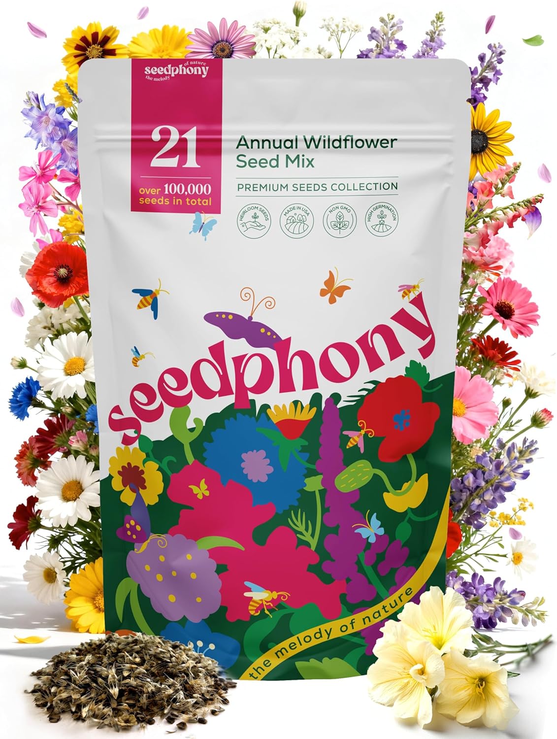 Seedphony 21 Annual Wildflower Mix - 100,000 Non-GMO Heirloom Seeds in Waterproof Packet | Attract Bees & Butterflies