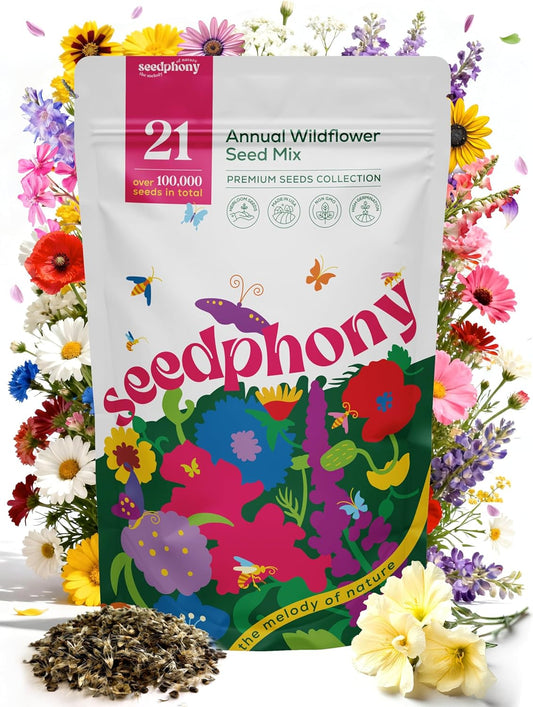 Seedphony 21 Annual Wildflower Mix - 100,000 Non-GMO Heirloom Seeds in Waterproof Packet | Attract Bees & Butterflies
