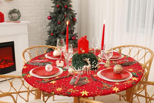 homing Round Elastic Fitted Tablecloth, Water-Resistant Fabric Tablecloths for 36"-44" Tables, Washable Polyester Table Cover for Picnic, Caming, Dinner, Indoor & Outdoor, Flowers