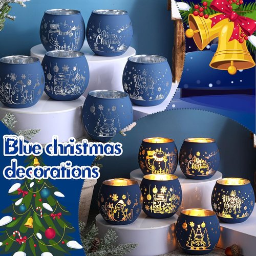 Jingmore Votive Candle Holders - 6 Pcs Glass Set with Laser Engraving Patterns for Party Decor | Navy