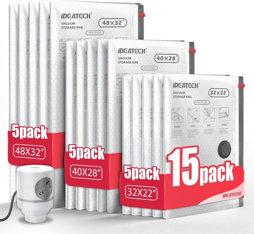 IDEATECH Jumbo Vacuum Storage Bags - 15-Pack Heavy Duty Compression Bags with Electric Pump for Clothing & Bedding | Airtight Seal