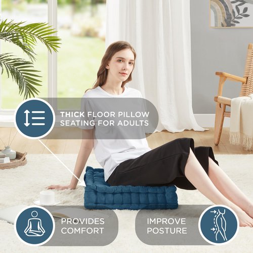 Codi INNA Floor Pillow, Large Cushions Sitting for Adults, Square Tufted Chenille Pillows Seat for Meditation, Living Room, Reading Nook, 20×20, Navy 2 Pack