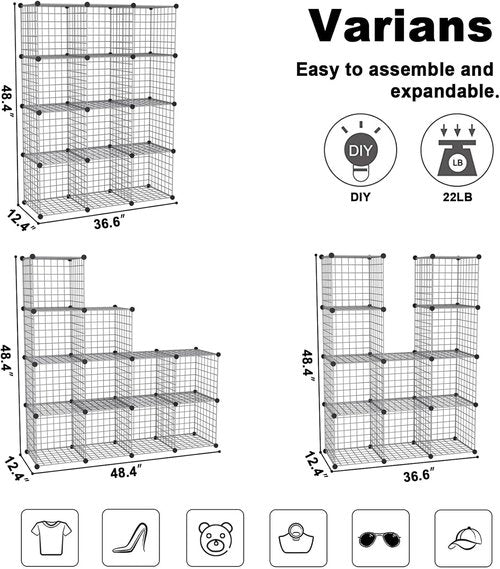C&AHOME Wire Cube Storage - 12-Cube Organizer with Modular Metal Grids | Ideal for Home & Office, Silver Gray 36.6”L x 12.4”W x 48.4”H