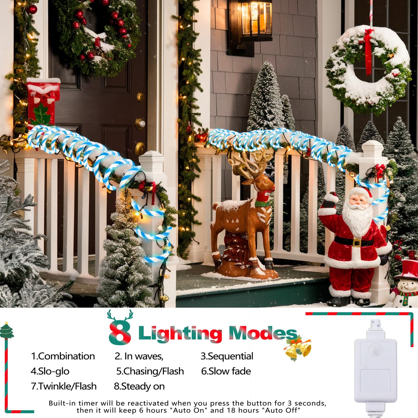 Jnaurb Christmas Candy Cane Lights, 66ft 480 LED Connectable Flexible White & Blue Candy Cane Rope Lights for Outside, 8 Modes Waterproof LED Christmas Light for Garden Patio Tree Holiday Party Decor