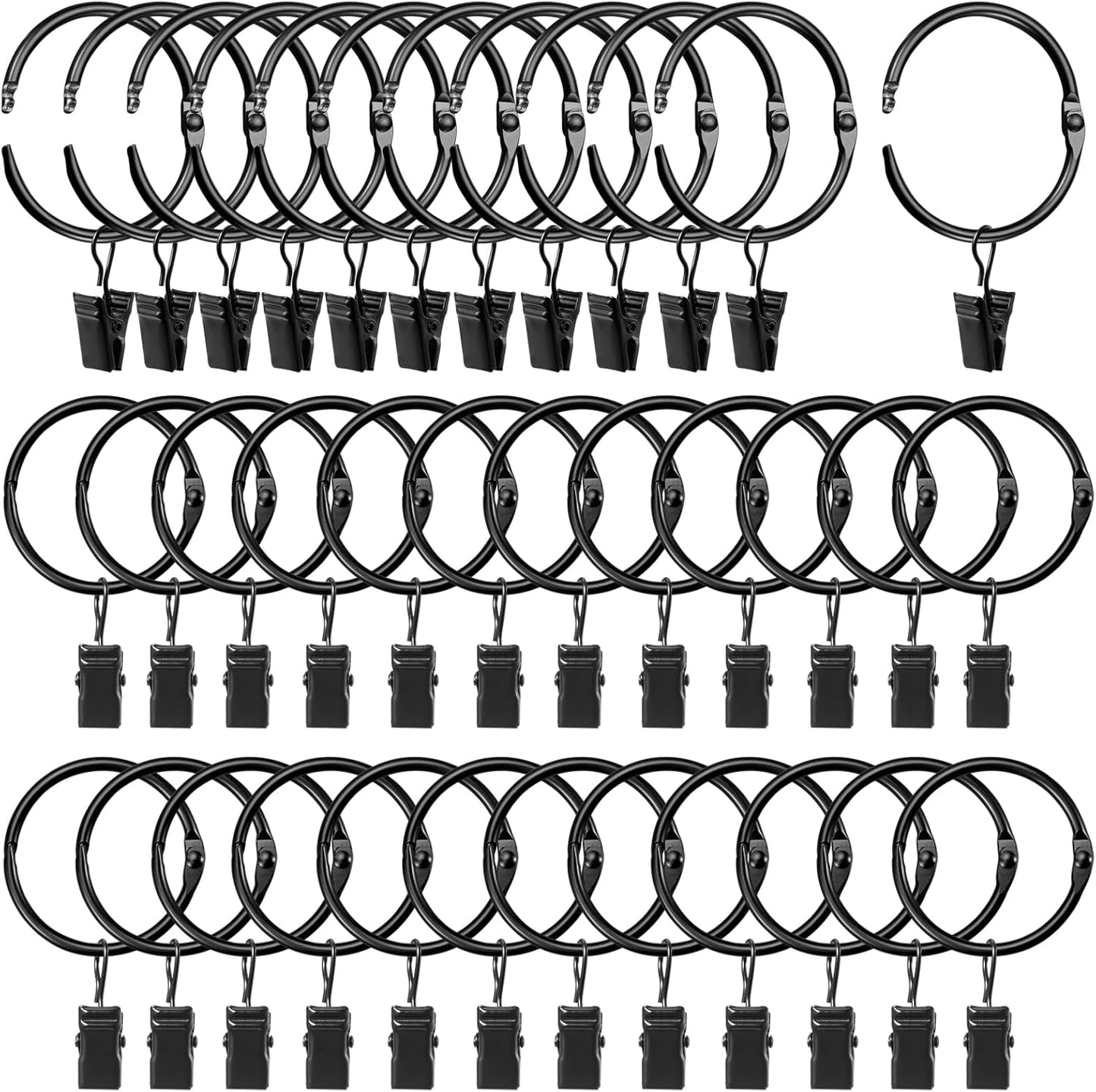 LLPJS Openable Curtain Rings - Durable Clips for Easy Drapery | 1.26" Interior Diameter, Black, Set of 36