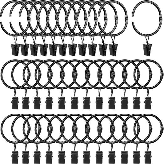 LLPJS Openable Curtain Rings - Durable Clips for Easy Drapery | 1.26" Interior Diameter, Black, Set of 36