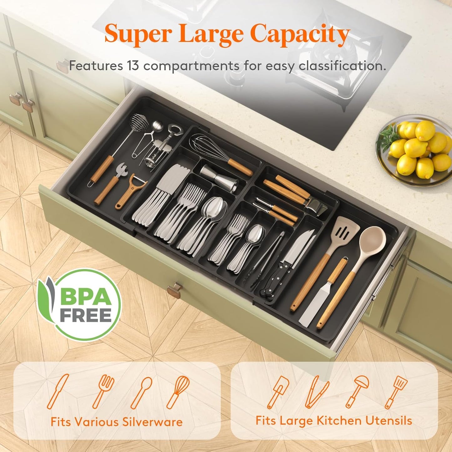 Lifewit Expandable Silverware Drawer Organizer - BPA-Free Plastic Utensil Tray for Kitchen | Adjustable Cutlery Holder (21.3-36 x 16.9", Black)