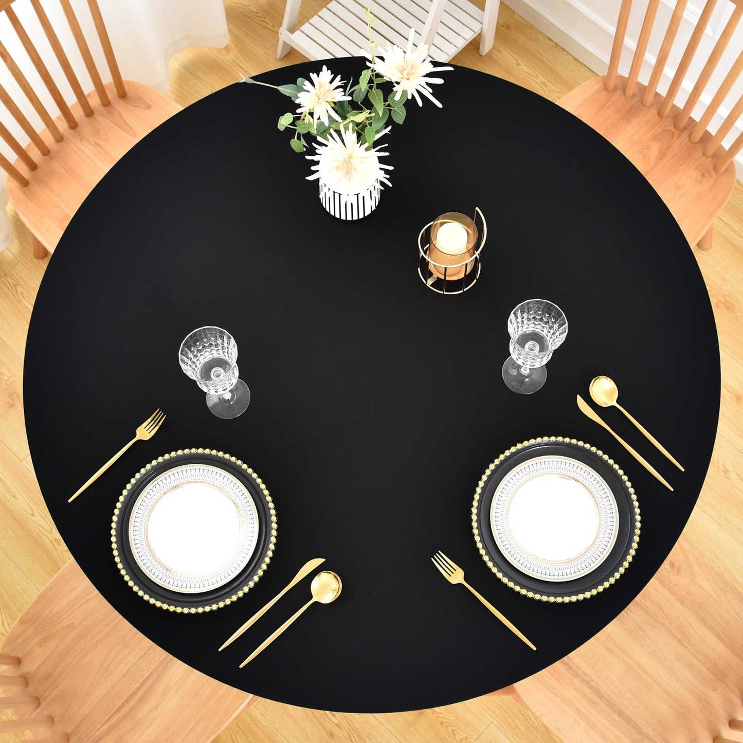 Monibana Fitted Tablecloth with Elastic Edged for Round Tables, Spandex Stretch Table Cover 48 Inch for Home Dining Picnic Party, Black