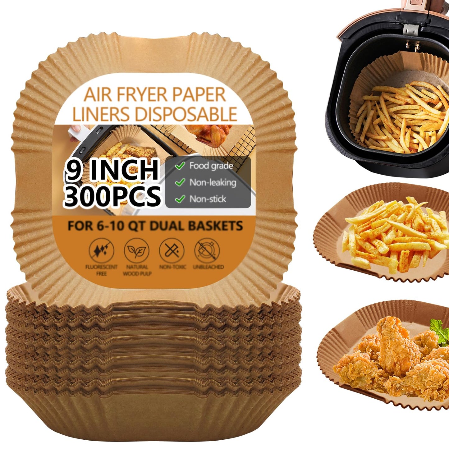 UBeesize 9 Inch Air Fryer Paper Liners,300 PCS Parchment Paper, Air Fryer Disposable Paper Liners for Microwave, Non-Stick Sheets Square Free of Bleach（Bottom size 8 Inch）