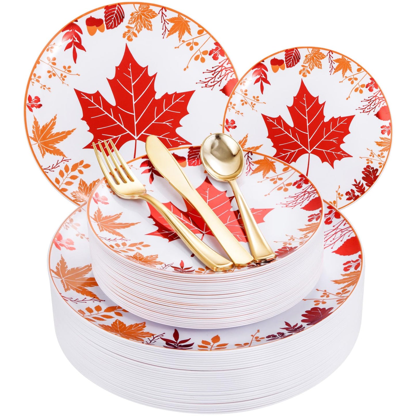 Liacere 150PCS Thanksgiving Plastic Plates- Include 30 Dinner Plates, 30 Dessert Plate,30 Forks, 30 Gold Spoons, 30 Gold Knives Perfect for Thanksgiving＆ Fall Plates