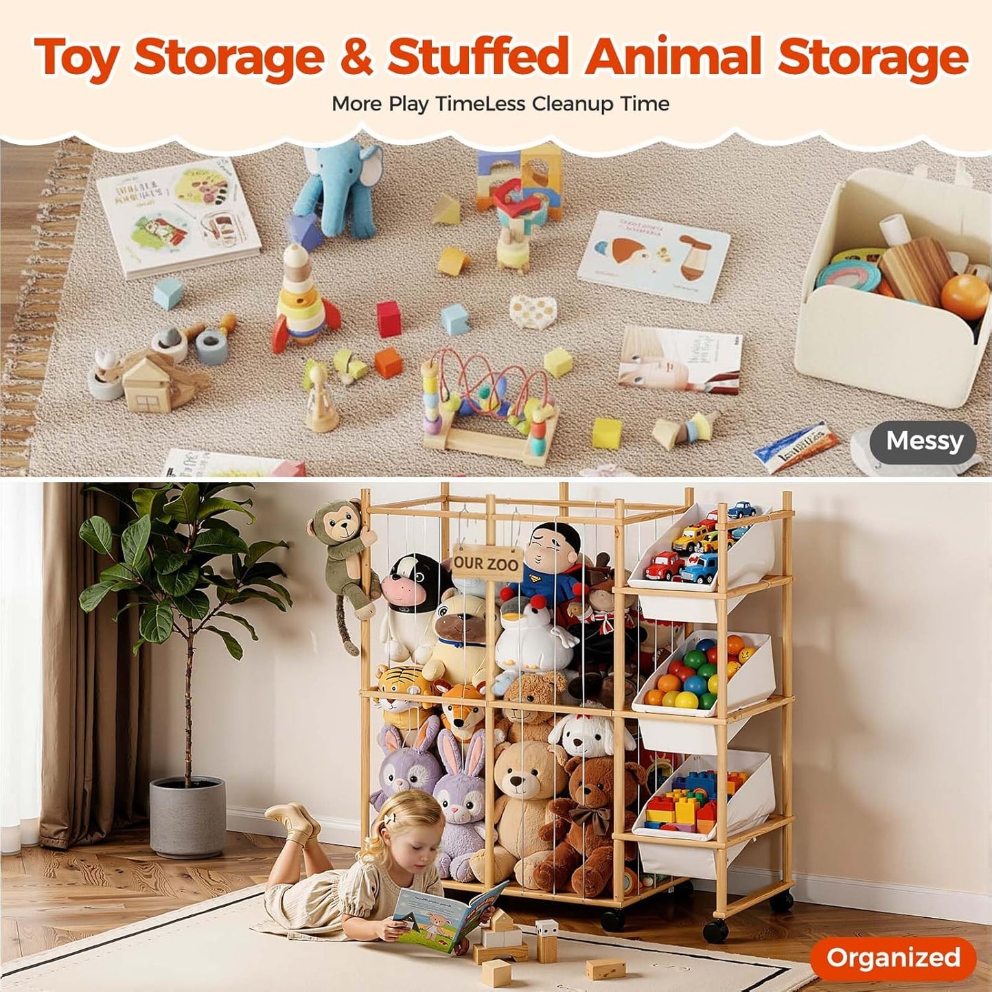 Sevenblue Toy Storage Organizer - 3 Removable Bins for Kids | Stylish Wood & White Design for Playroom