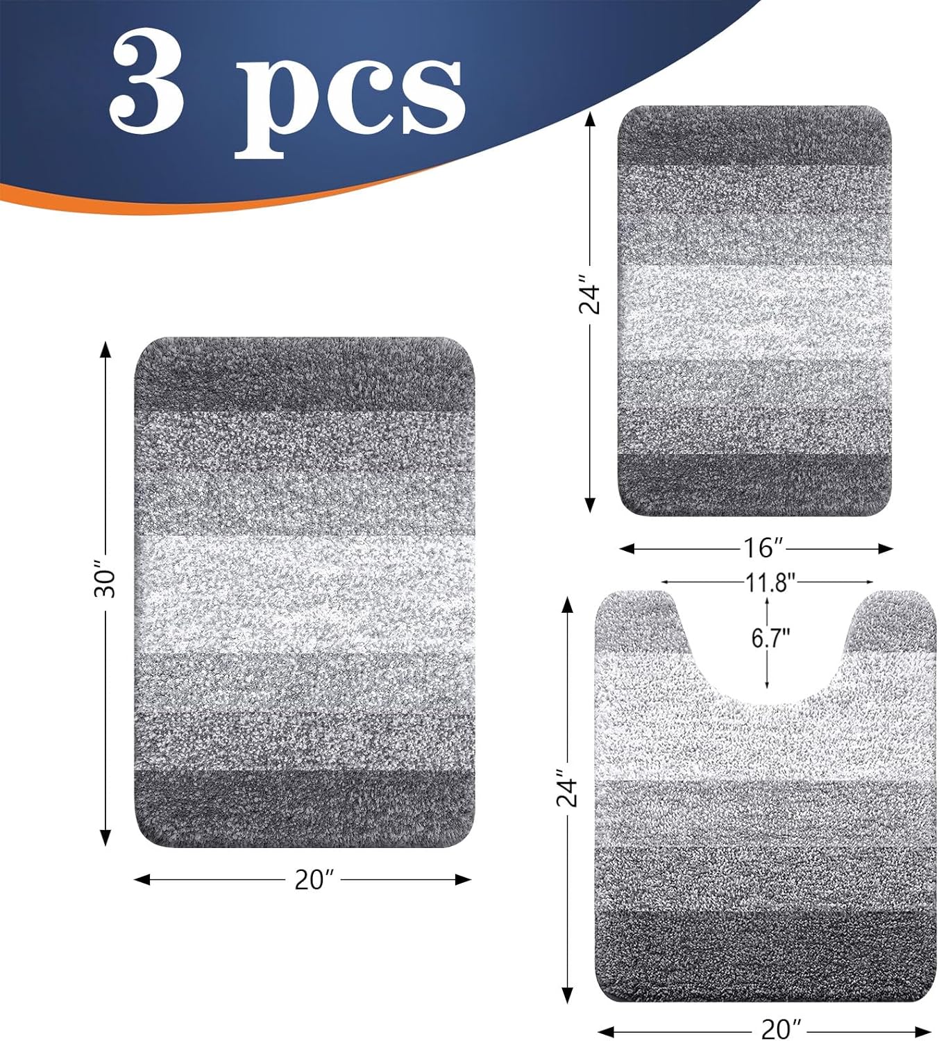 OLANLY 3-Piece Bathroom Rug Set - Soft Absorbent Microfiber Mats & U-Shaped Toilet Rug | Grey, Plush & Machine Washable (30"x20"+24"x16"+24"x20")