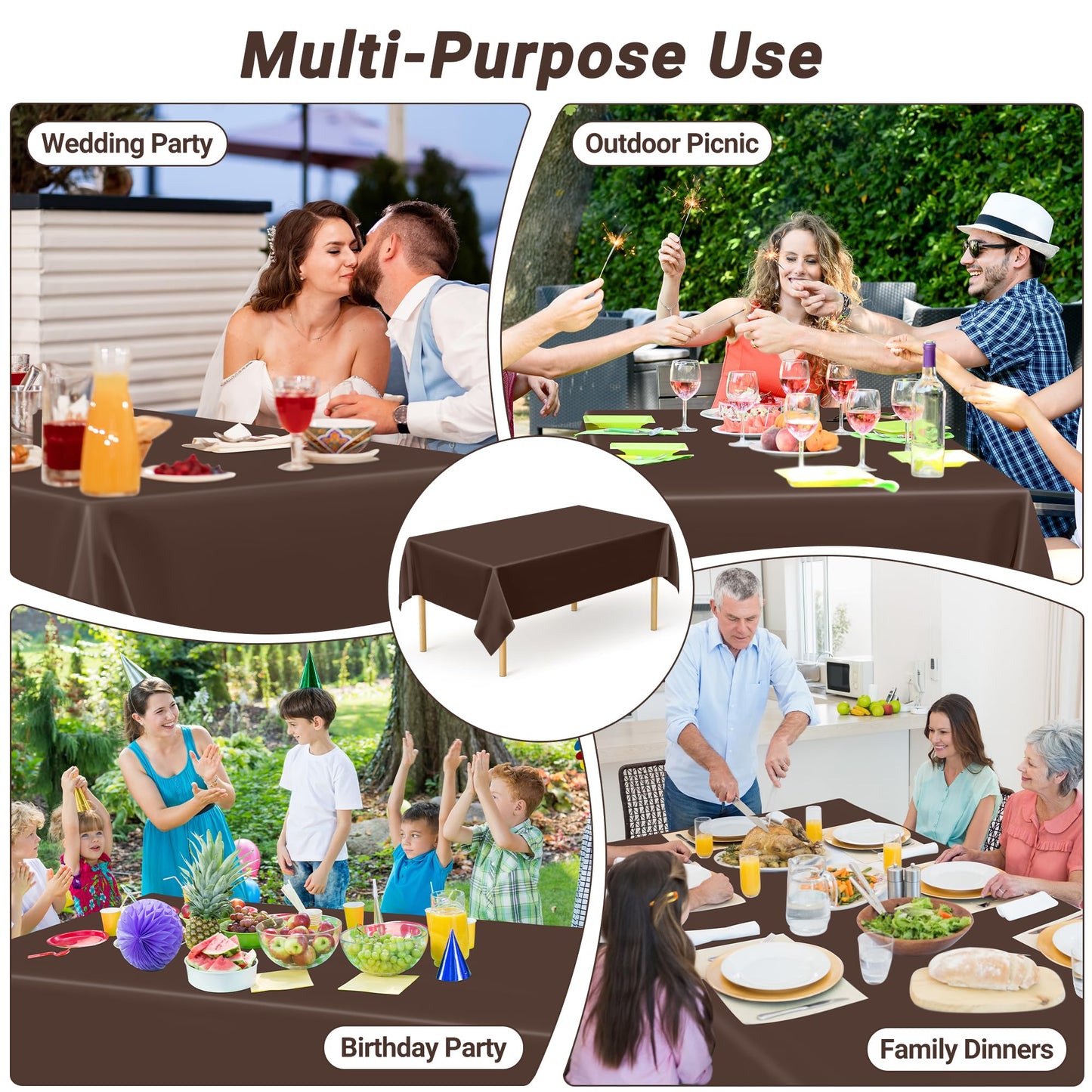 QZYL 2 Pack Brown Plastic Table Cloths, 108 x 54 Inches Rectangle Tablecloth, Disposable Plastic Tablecloths Party Table Cover, Waterproof Party Decorations for Anniversary Birthday Picnic Home