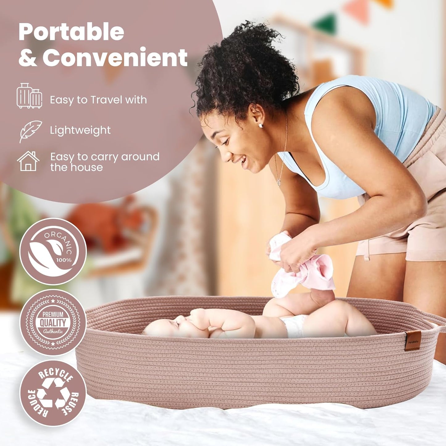 PeraBella XL Baby Changing Basket - Portable Diaper Changing Pad with Waterproof Cover & Caddy
