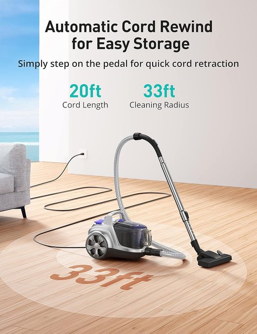 Aspiron Canister Vacuum Cleaner - 40Kpa Powerful Bagless Design | 4QT Dust Cup, Double HEPA Filter, Lightweight with 5 Tools - Mauve